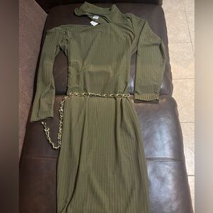 Ashley Stewart Asymmetrical Olive Dress with Chain